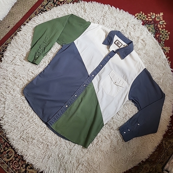 Vintage Western Plains Snap Button Shirt Front Long Sleeve Shirt Blue Green - Picture 4 of 16